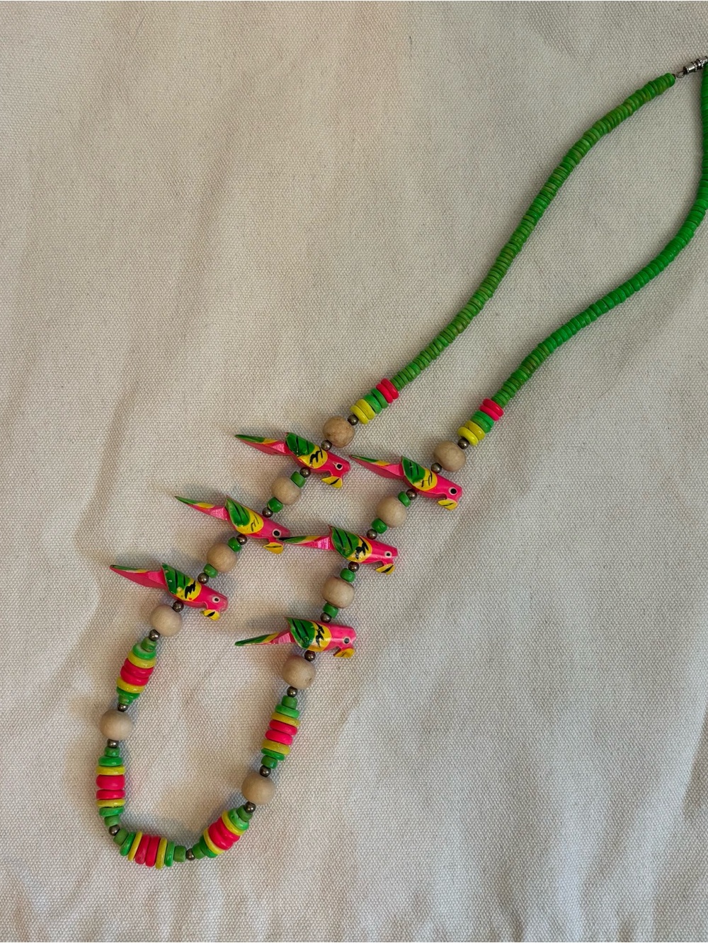 Tropical Parrot Necklace Painted Wooden Beads 14” Long Neon